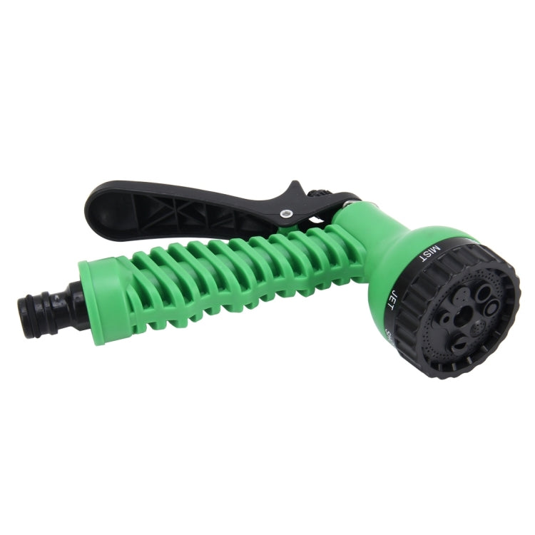 Green multifunction garden water spray gun with black handle and ridged barrel