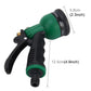 Green garden hose spray gun with black grip handle and multi-pattern nozzle head