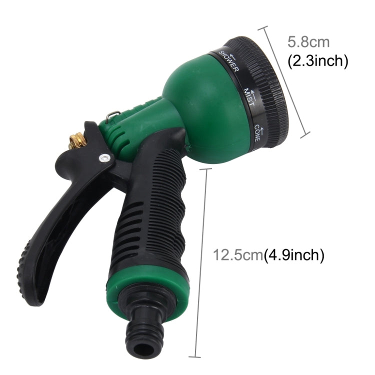 Green garden hose spray gun with black grip handle and multi-pattern nozzle head