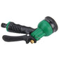 Green and black garden water spray gun with handle lever and adjustable nozzle head