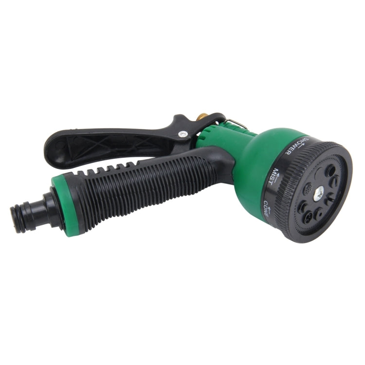 Green and black handheld garden water spray gun with trigger handle and round nozzle