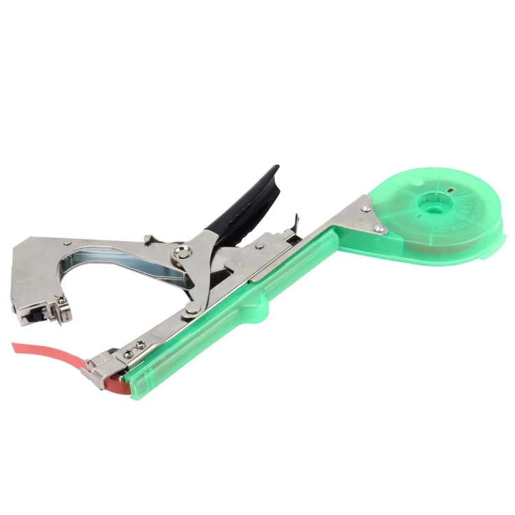 Green adhesive plant tape bundling tool with trigger handle and transparent tape roll