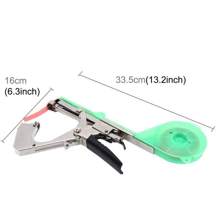 Green tape tying tool with black grip and transparent tape roll, with size lines