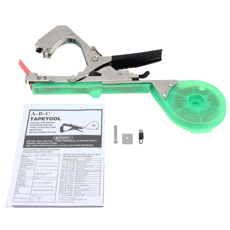 Green tape tying machine with instruction sheet and transparent tape roll, black grip