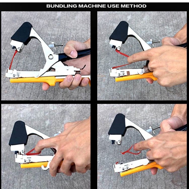 Tape tying machine use steps collage showing metal head and orange body