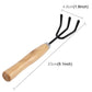 Mini garden three-prong rake with black metal head and light wood handle, about 9.1 in
