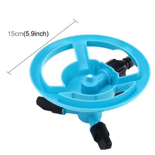 Blue rotating sprinkler base with 5.9 in diameter wheel and black hose outlet
