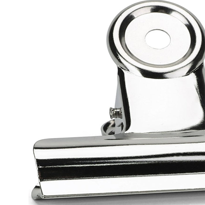 Close-up of chrome-silver round paper clip with circular top loop