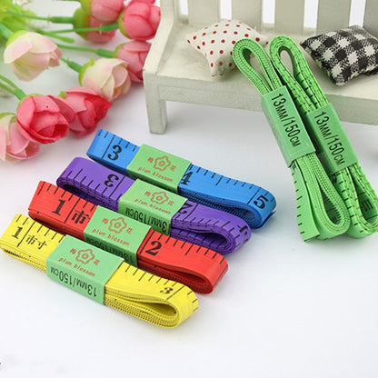 Soft tape measure set with 1.5m flexible tapes in green, purple, and blue loops