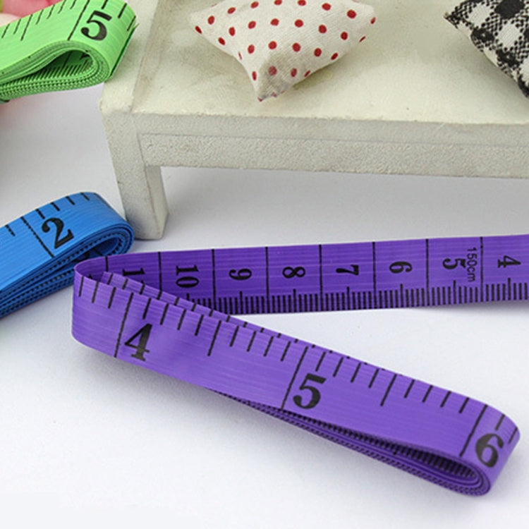 Purple 1.5m soft tape measure with inch and centimeter scale, coiled