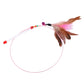 Steel wire pet teasing wand with brown feathers and pink feather accents on cord