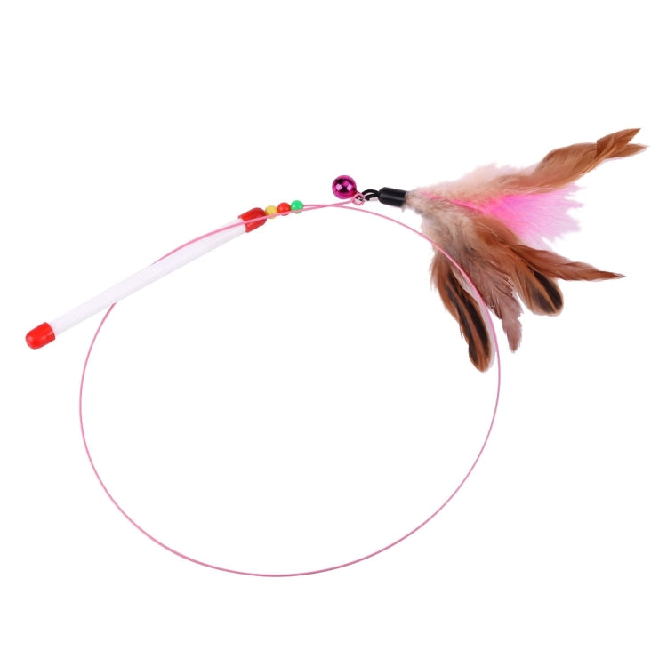 Steel wire pet teasing wand with brown feathers and pink feather accents on cord