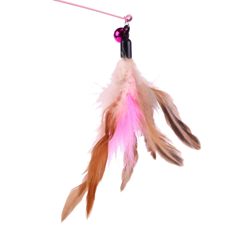 Feather pet wand toy with brown feathers, pink tips, and black metal connector