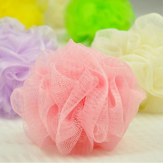Peach-pink flower mesh bath scrub sponge ball with soft layered petals
