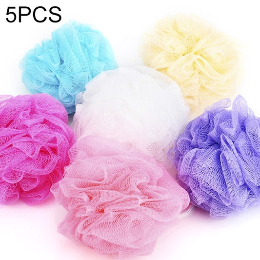 Set of 5 flower-shaped mesh bath scrub sponges in blue, yellow, pink, white, and purple