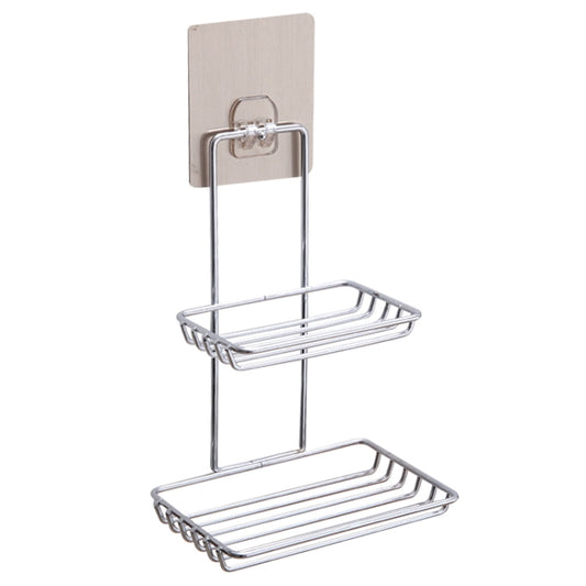 Double-layer wall-mounted stainless steel soap stand with two wire shelves and ring holder
