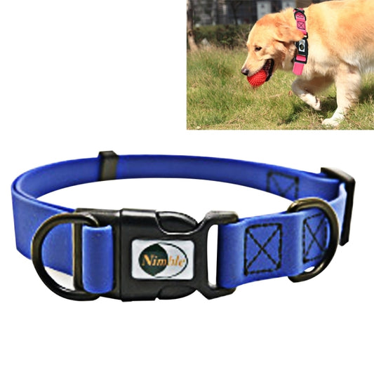Blue adjustable PVC pet dog collar, dual loop with metal D-rings and buckle, Size L