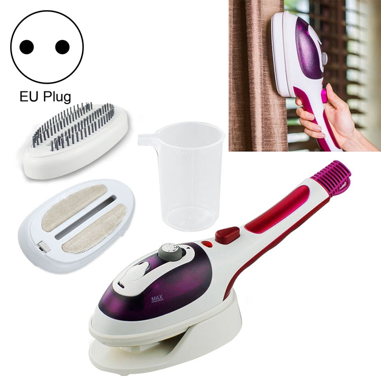 Handheld electric fabric steamer in purple with ceramic base and brush attachments, EU plug