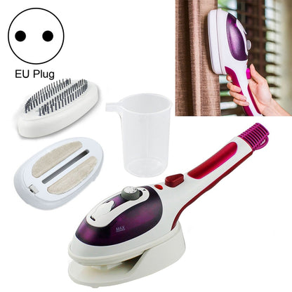 Handheld electric fabric steamer in purple with ceramic base and brush attachments, EU plug