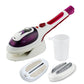 Handheld electric fabric steamer in blue with ceramic base and brush attachments