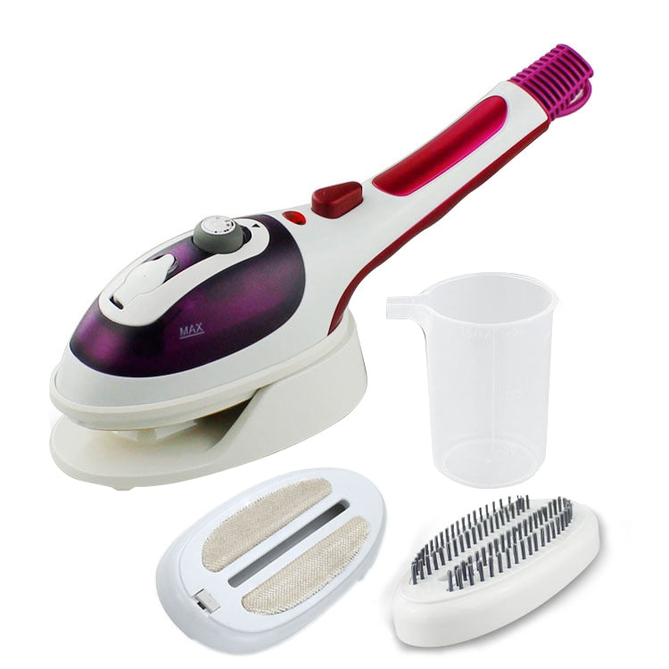 Handheld electric fabric steamer in blue with ceramic base and brush attachments