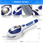 Handheld fabric steamer with blue handle and ceramic soleplate, steam burst button