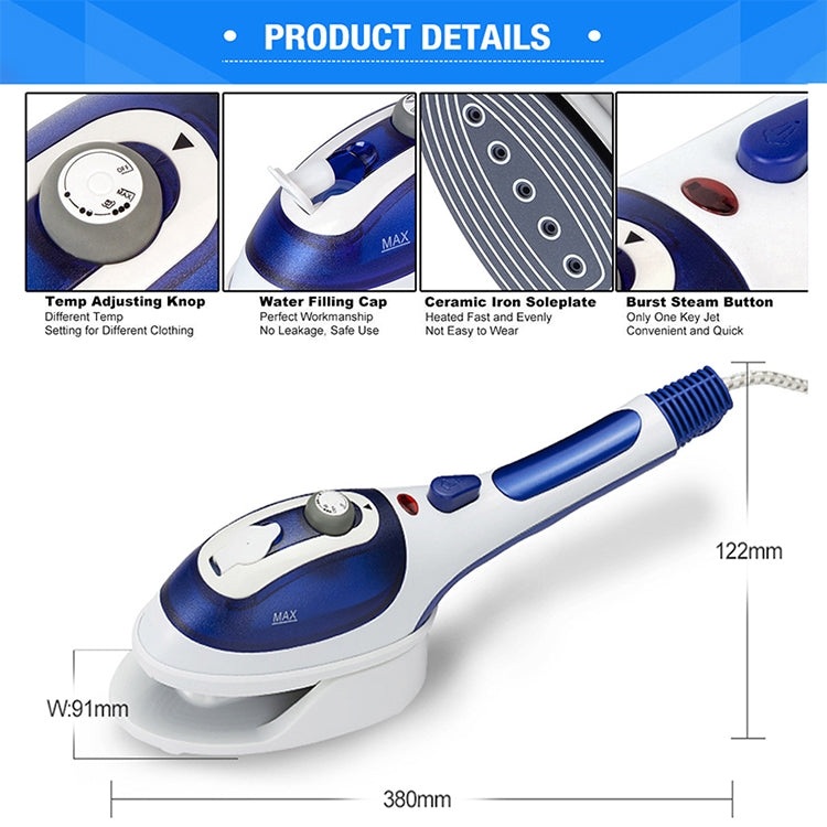 Handheld fabric steamer with blue handle and ceramic soleplate, steam burst button
