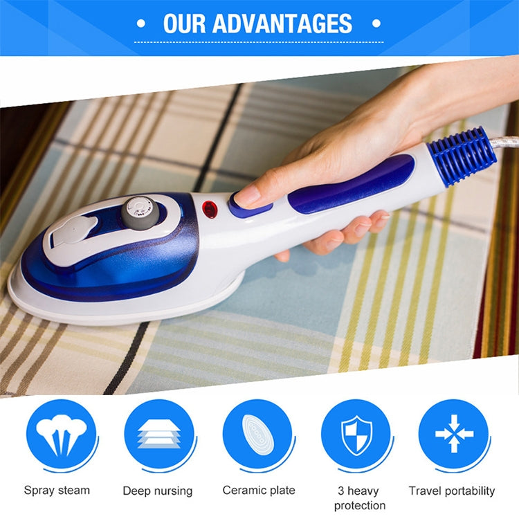 Handheld steamer with blue brush head steaming fabric, one-button steam control