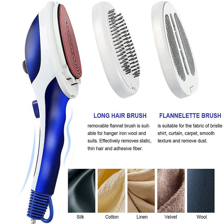 Handheld steamer with long-hair and flannelette brush heads, ceramic heating sole