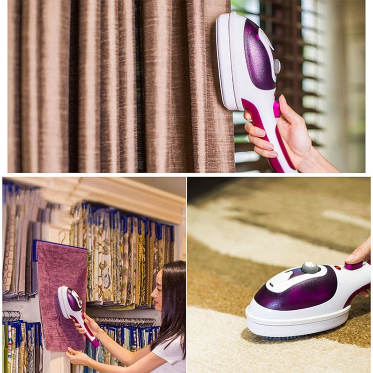 Handheld electric fabric steamer in purple with ceramic base and EU plug, in use