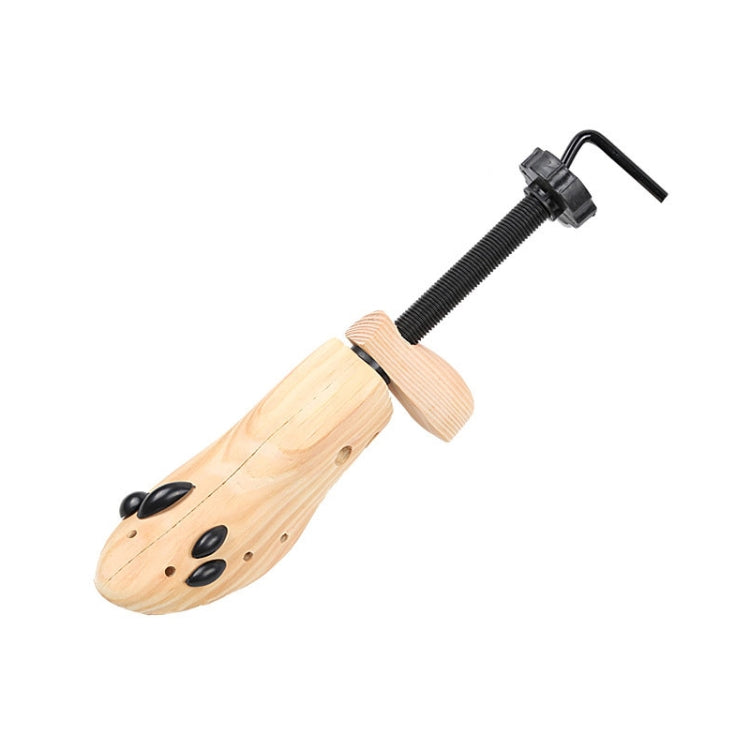 Wooden shoe stretcher form with black adjustable screw mechanism and handle