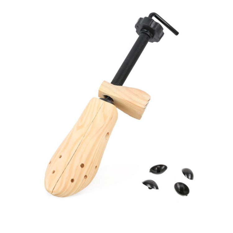 Wooden shoe stretcher with black screw expander and two adjustment discs