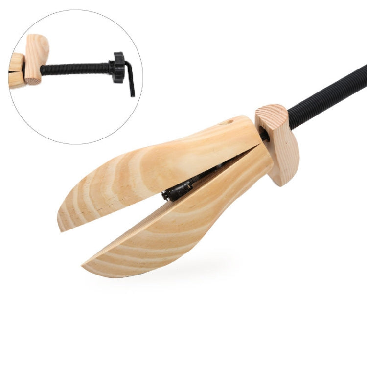 Wooden shoe stretcher with black threaded rod and side support block