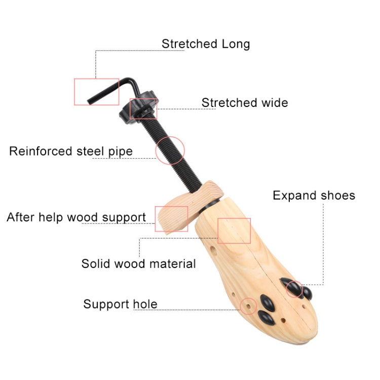 Wooden shoe stretcher expander with black reinforced steel pipe and support holes