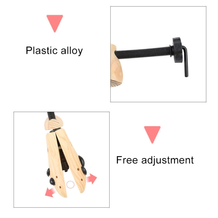 Wooden shoe stretcher with black plastic alloy parts and adjustable screw mechanism