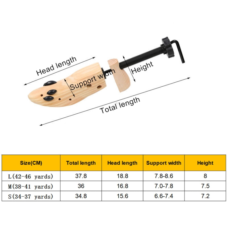 Wooden shoe stretcher with black handle, showing head length and total length measurements