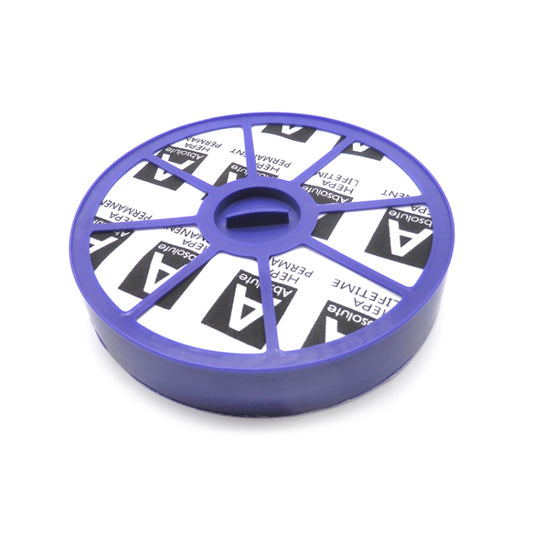 Purple plastic HEPA vacuum filter core with central round inlet, circular grid base