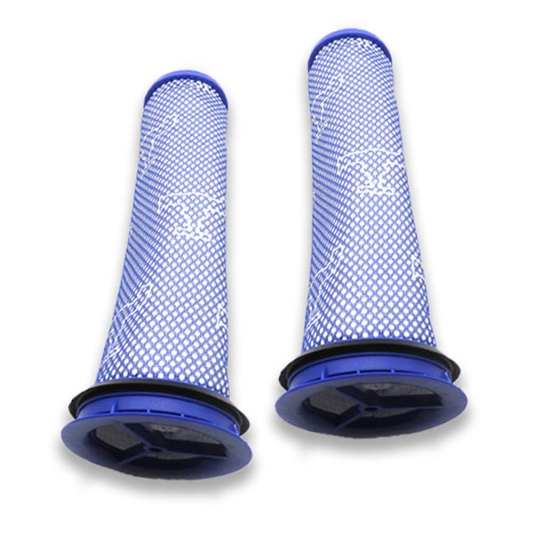 Dyson vacuum pre-filter set: two blue mesh cylinders with blue end caps