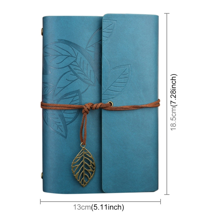 Blue embossed leaf loose-leaf travel diary notebook with leather strap and hanging leaf charm, size shown