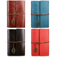 Assorted colors of loose-leaf travel diary notebooks with embossed leaf covers and leather strap charms