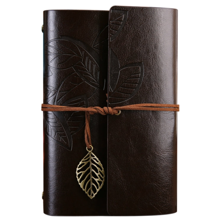 Brown faux-leather travel diary notebook, embossed leaves, tied strap with hanging leaf charm