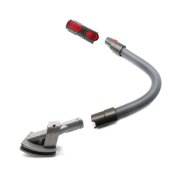 Handheld vacuum pet brush attachment: flexible hose with red adapter buttons