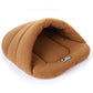Slipper-shaped fleece pet house bed, size L, tan/brown, open entrance view