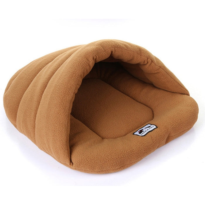 Slipper-shaped fleece pet house bed, size L, tan/brown, open entrance view