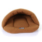 Slipper-shaped fleece pet house bed, size L, tan/brown, front view of sleeping area