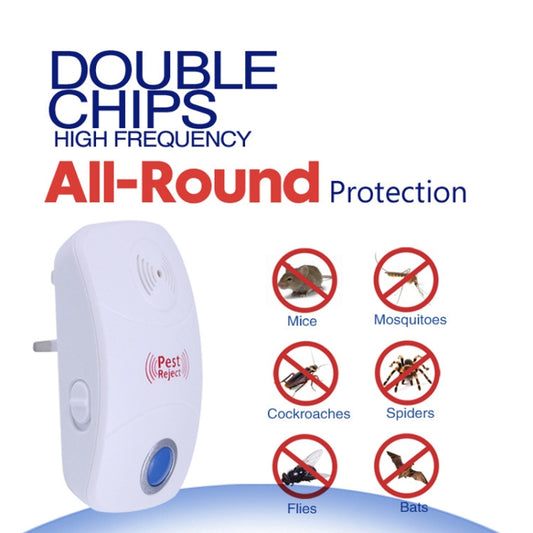 White ultrasonic plug-in pest repeller with blue button and sound-emitter ports