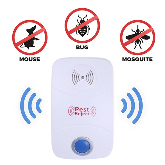 White ultrasonic pest repeller plug-in device with blue button and speaker ports
