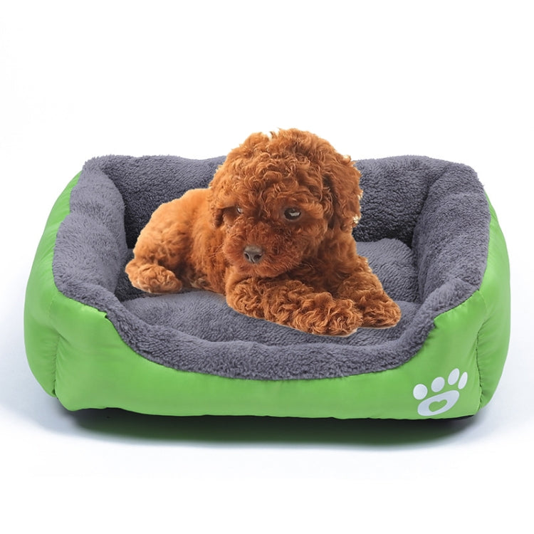 XXL dog kennel mat with grey plush top and green base, white paw logo