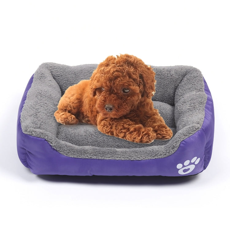 XXL dog kennel mat with grey plush top and purple base, white paw logo