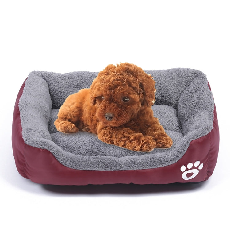 Wine-red and gray teddy-fleece dog kennel mat with cushioned bolsters and paw print